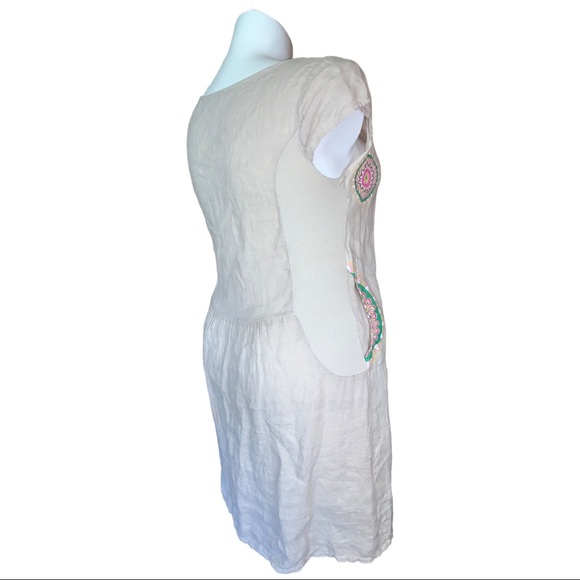 Made in Italy Linen Dress Tan Boho Print Cap Sleeve Pocket Tunic M/L - Picture 2 of 16